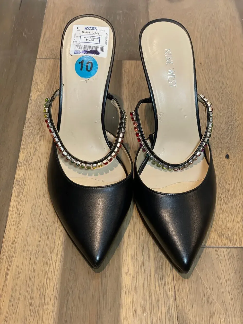 Nine West Womens Black Rhinestone Open‑Back Heels Size 10 New With Tag